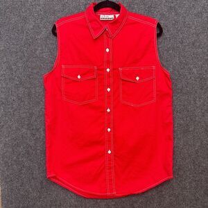 VTG Sleeveless Button Up Shirt Red White Stitch Western Cowgirl 14